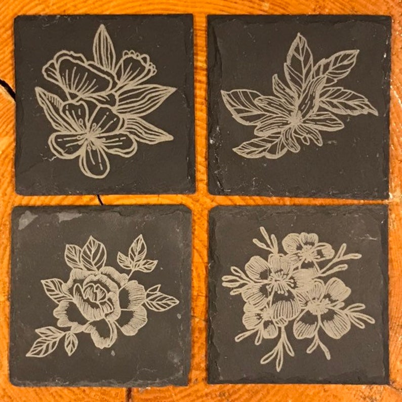 Engraved Flower Slate Coasters